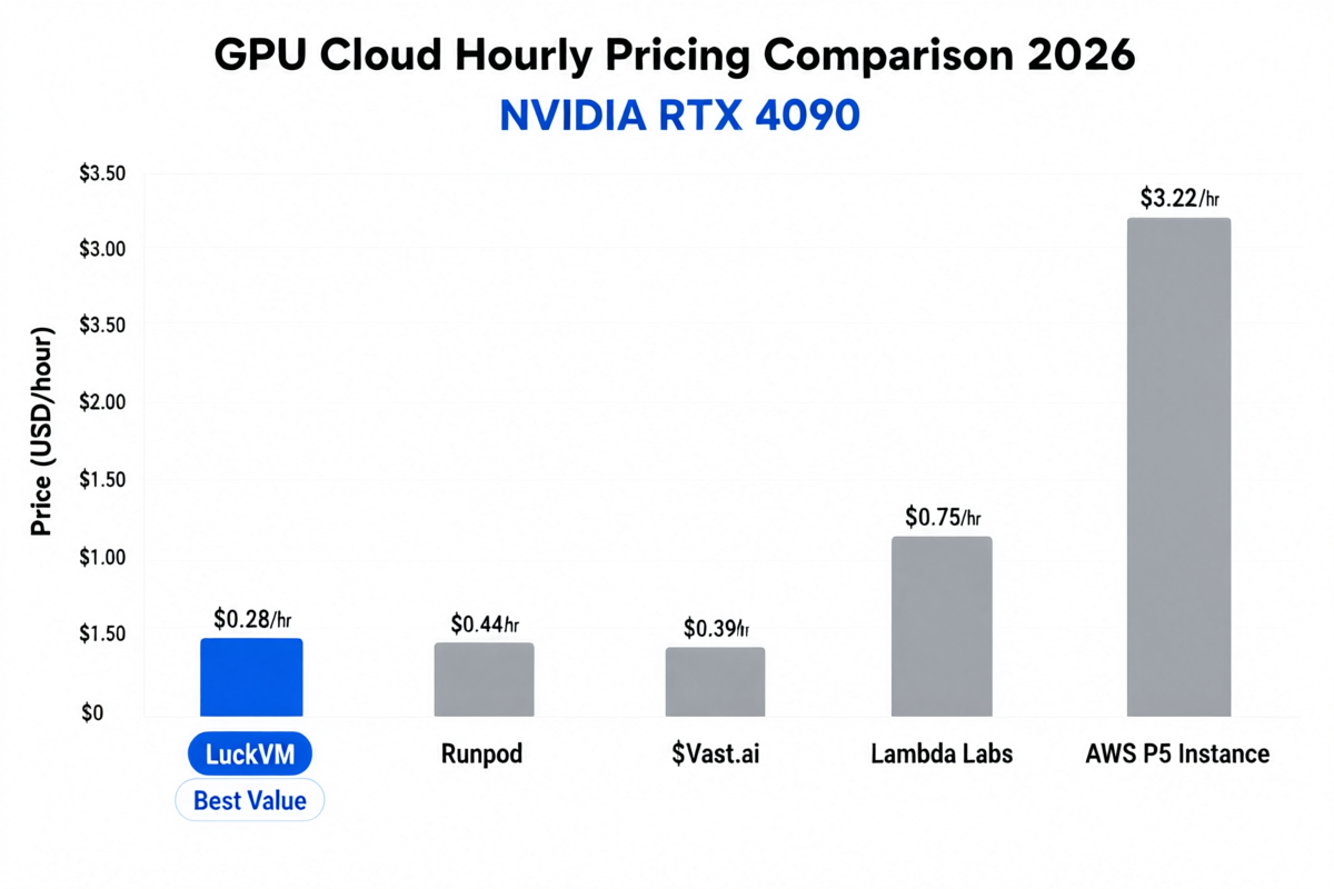 RTX 4090 hourly pricing comparison across GPU cloud providers 2026 - LuckVM cheapest at $0.28/hr